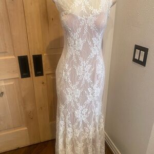 BHLDN White Dress Gown lace sequins nude underlay open back. Sz 14 wedding vacay
